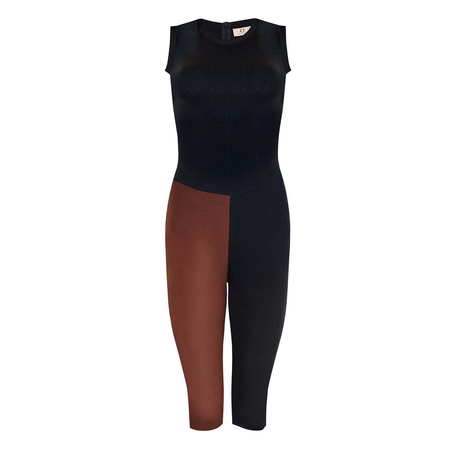 Image of fair trade cycling jumpsuit in black and brown on invisible model made by Organique a sustainable fashion brand.