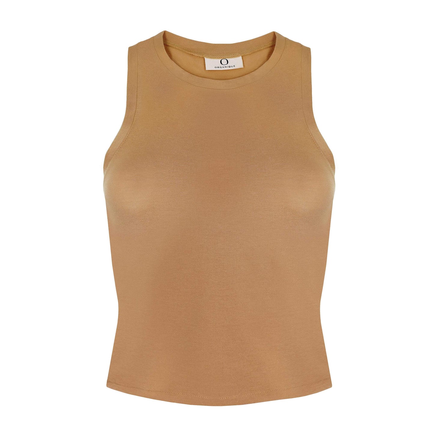 Image of vegan tank top in light brown made by Organique, a sustainable clothing brand.