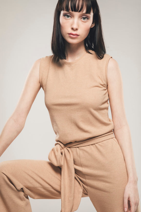 Model in a Woman's Organique Light Brown Jumpsuit